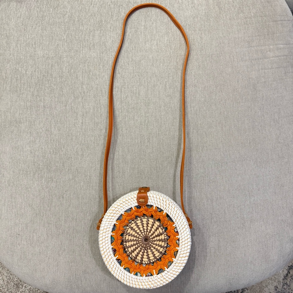 NEW Handcrafted White & Orange Rattan Crossbody Bag
